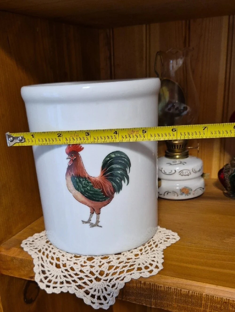 White Ceramic Crock with Rooster Motif
